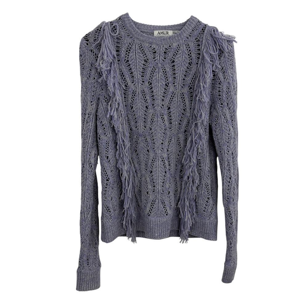 AMUR Carla Sweater Womens Medium Purple Pullover Open Knit Fringe Yak Wool *